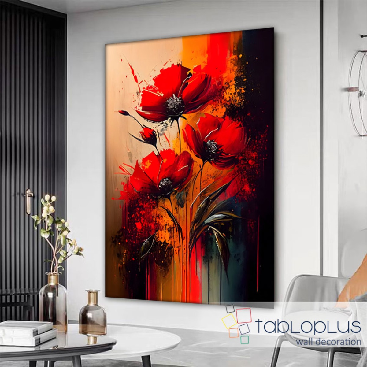 Red Flowers Textured Partial Oil Painting - Wall Art